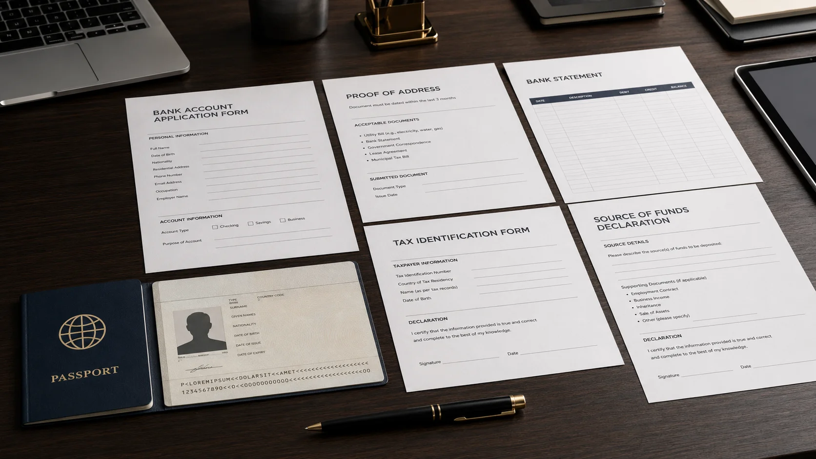 Identity, address, tax, and source-of-funds documents on a desk