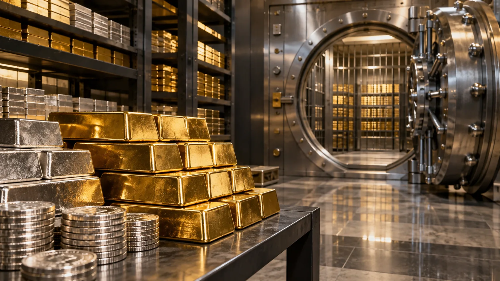 Gold and silver bars and coins in front of an open steel vault door