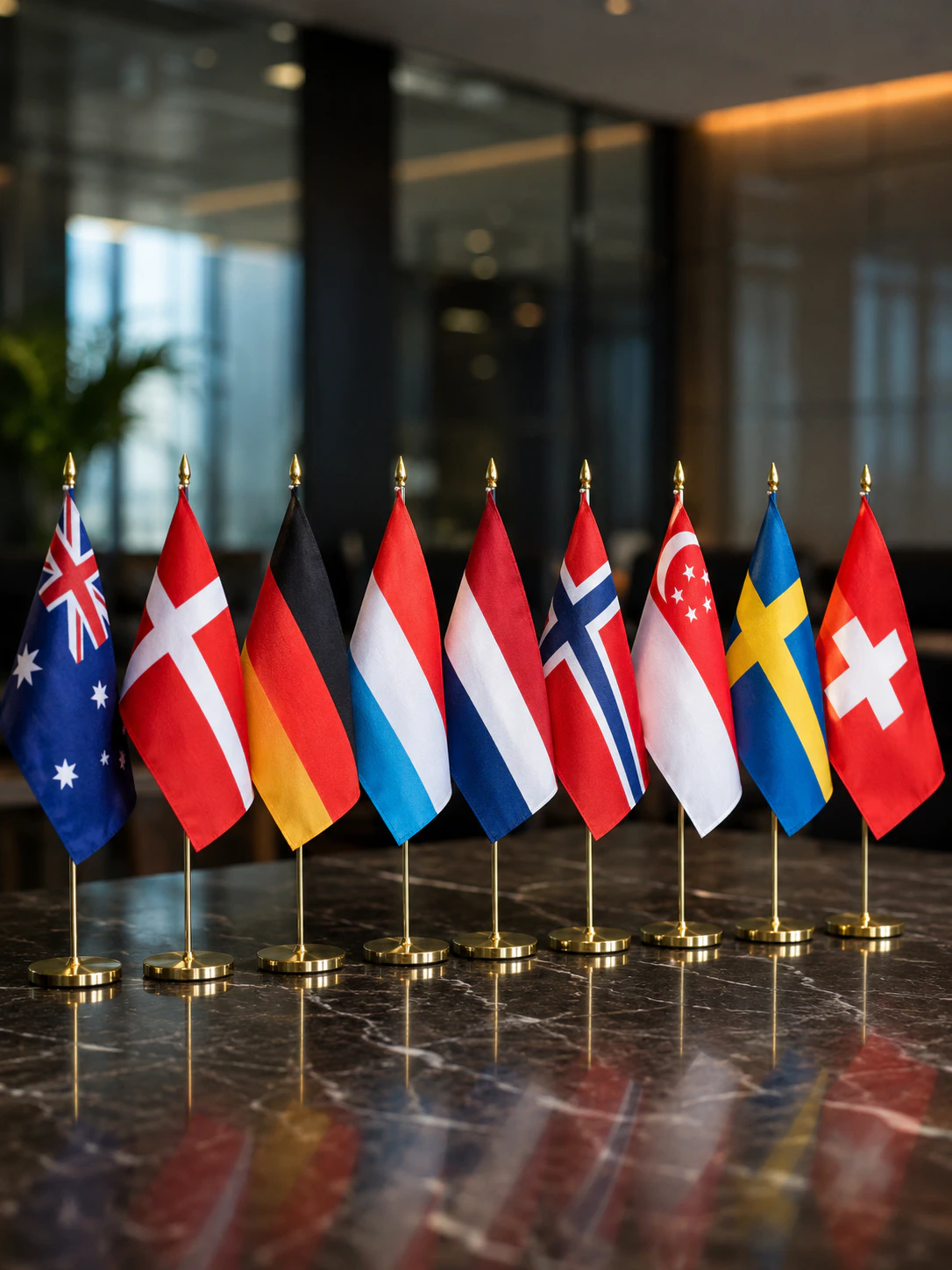 Eine Reihe von Nationalflaggen in einem Sitzungssaal