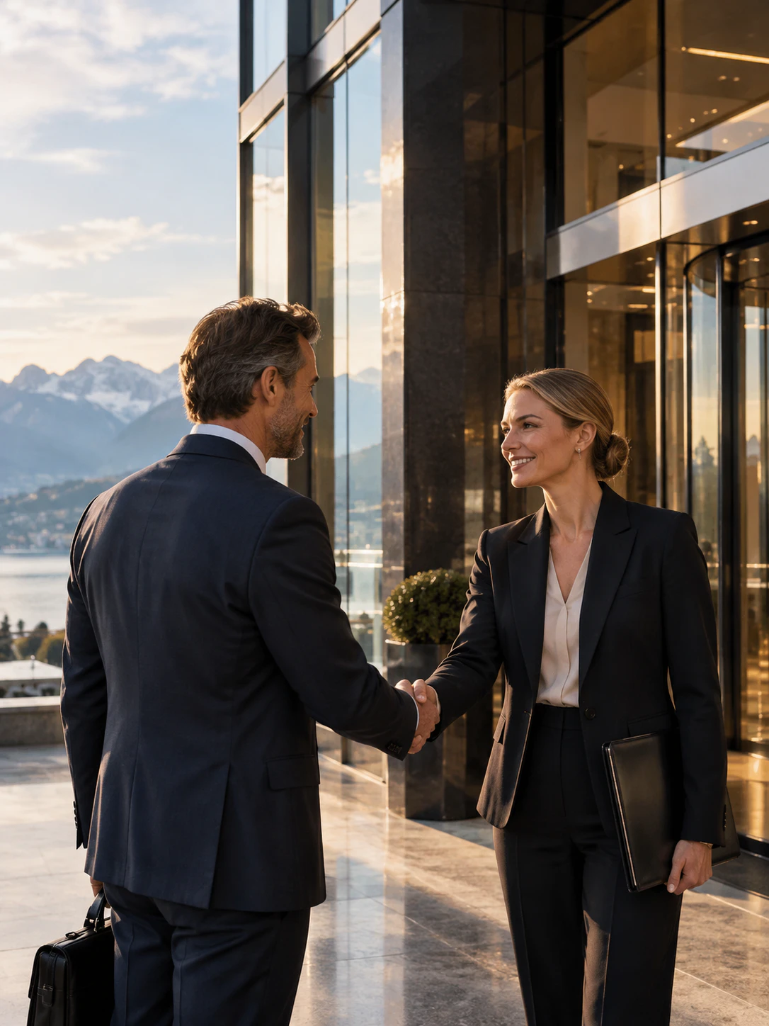 Zwei Finanzfachleute bei einem Treffen vor einer Bank