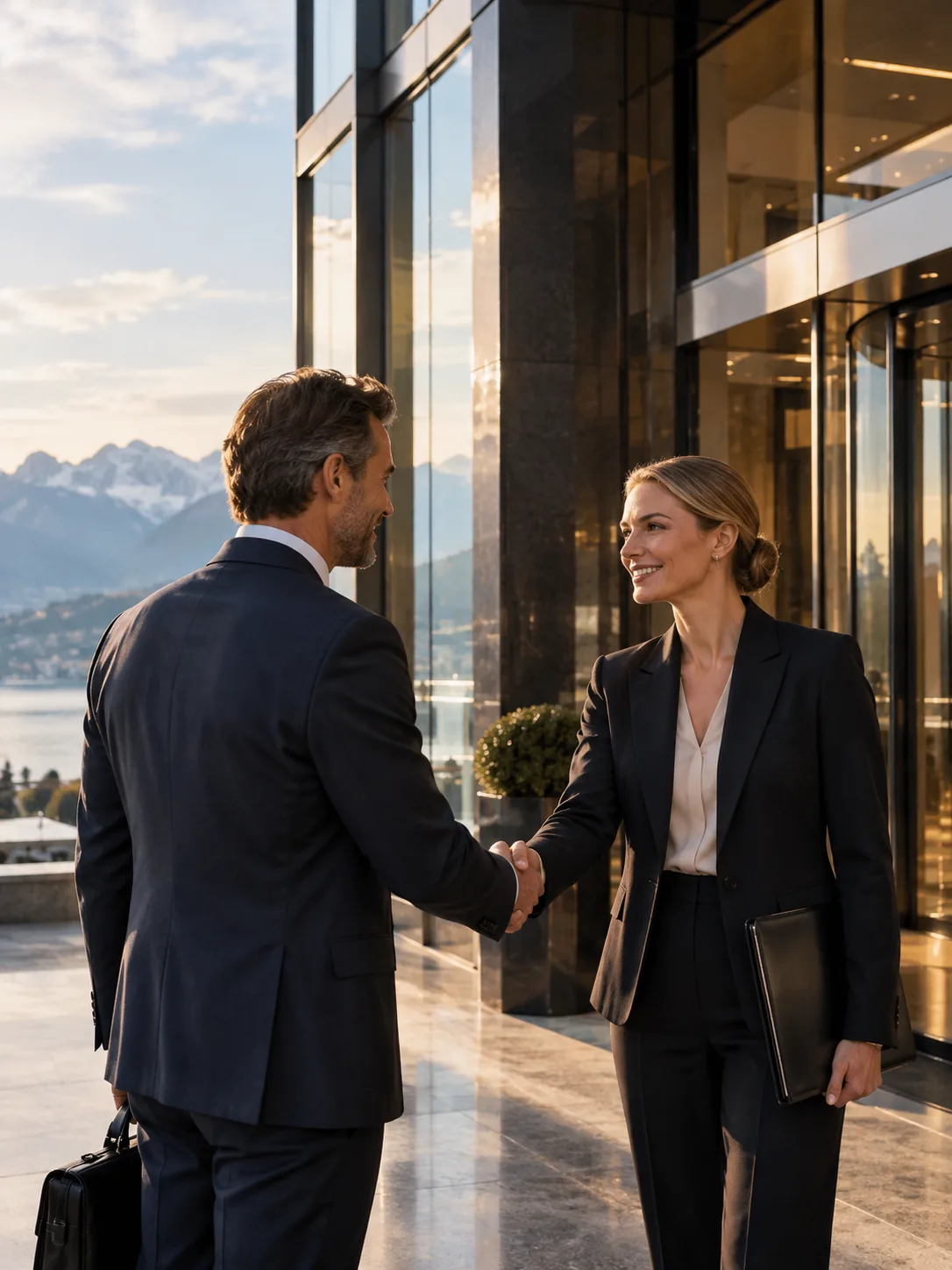Two financial professionals meeting outside a bank